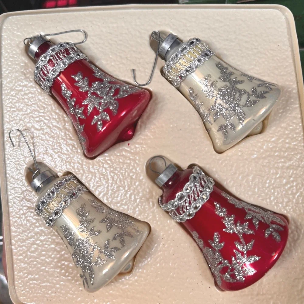 Rauch Vintage Glass Bell Ornaments Red Cream Silver Glitter and band Set of 4